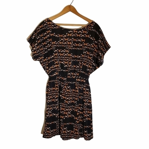 BLACK Ochre geometric pattern short sleeve Tunic dress with elastic waist M - Picture 1 of 5